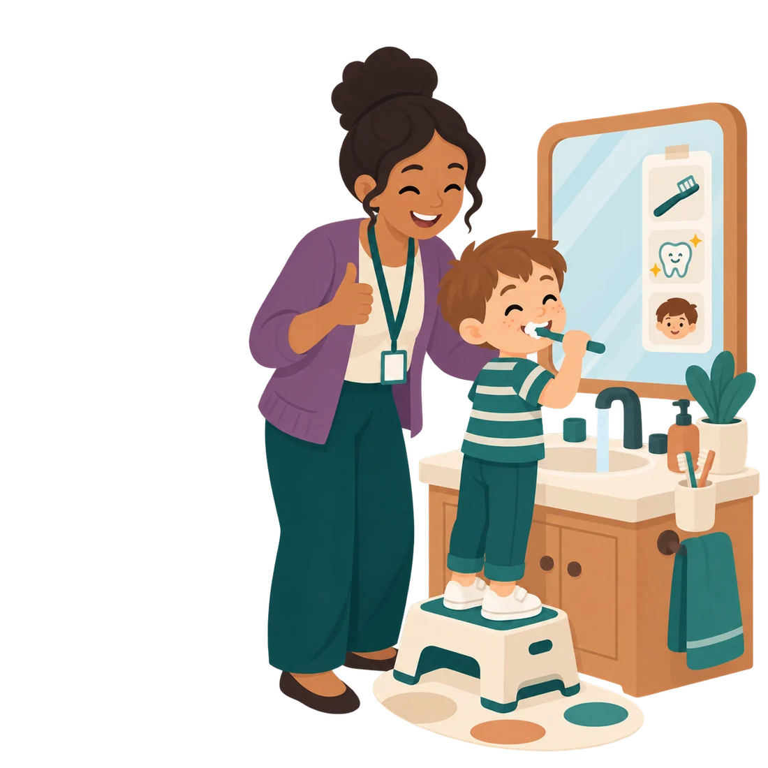 A young boy brushing his teeth on a step stool while following a picture strip on the mirror, with a therapist giving a thumbs-up